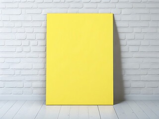 Poster mockup standing on the floor near yellow wall background