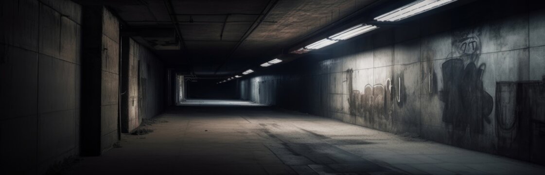 Dark and dim abandoned building concrete corridor or pathway. Dark and dim remains or ruins of a modern building complex. abstract background. Generative AI