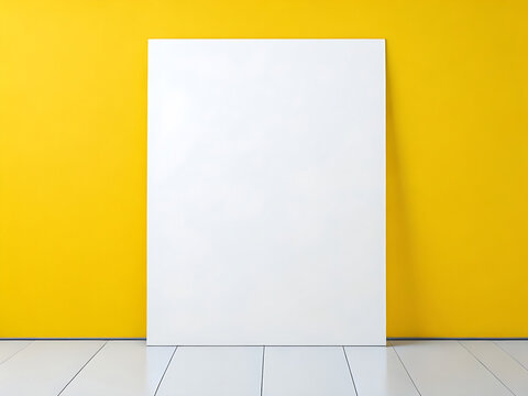 Poster mockup standing on the floor near yellow wall background
