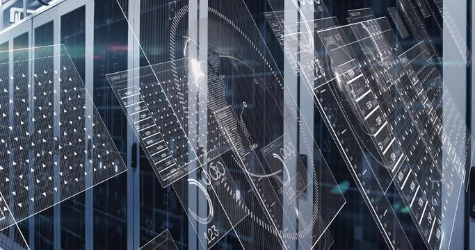 Animation of hud interface screens with currency values and numbers over data server racks