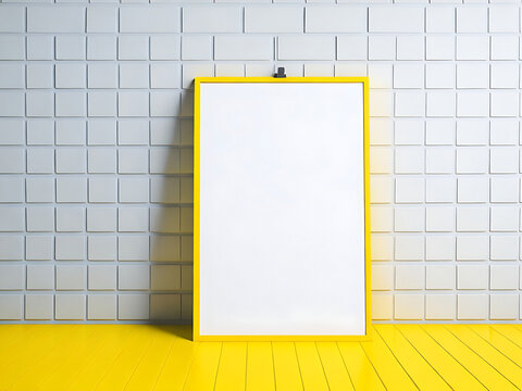 Poster mockup standing on the floor near yellow wall background