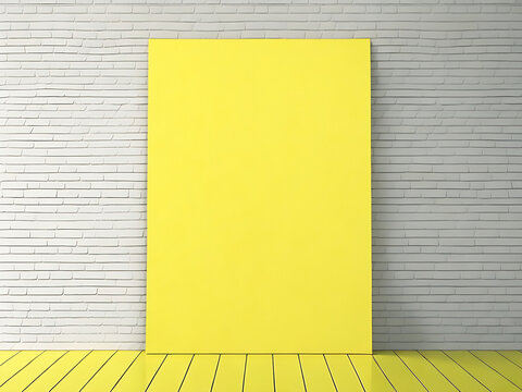 Poster mockup standing on the floor near yellow wall background