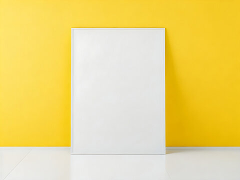 Poster mockup standing on the floor near yellow wall background