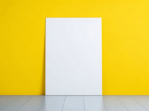 Poster mockup standing on the floor near yellow wall background