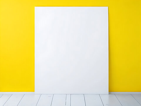 Poster mockup standing on the floor near yellow wall background