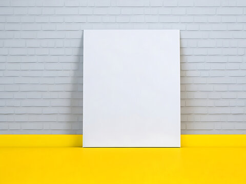 Poster mockup standing on the floor near yellow wall background