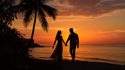 Romantic couple silhouette with palm trees and a sunset by the sea