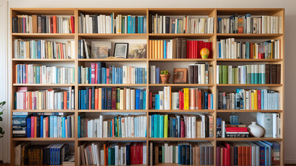 Collection of diverse books graces the shelves in the cozy home library