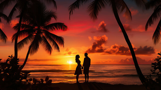 Silhouette of a couple with a sunset and palm trees on the sea