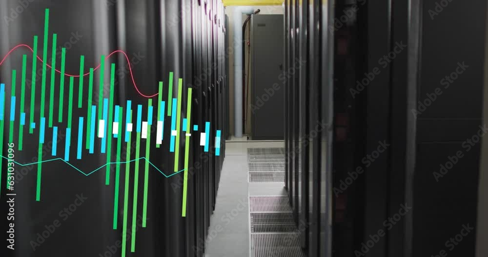 Poster animation of colorful multiple graphs moving over server room