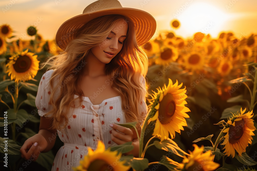 Wall mural Portrait of young woman walking in blooming sunflower field at sunset. AI generated