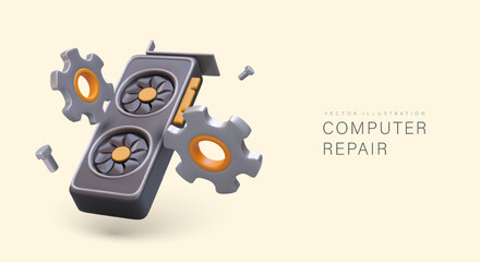 Computer repair. Services of experienced master. Certified repair office. Selection and replacement of parts. Color banner with realistic illustration. Place to announce, contacts, addresses