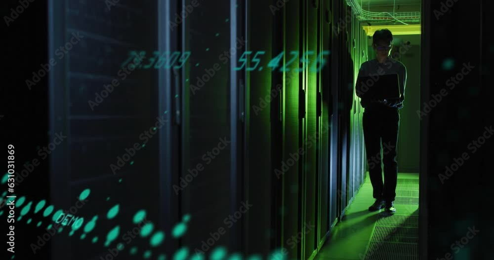 Aufkleber animation of graphs and number changing over asian male engineer with laptop checking server racks