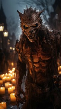 the terrible werewolf's halloween feast: a haunting narrative of transformation, terror, and tradition illuminated by flickering candlelight, surrounded by grimacing pumpkins. Ai Generated