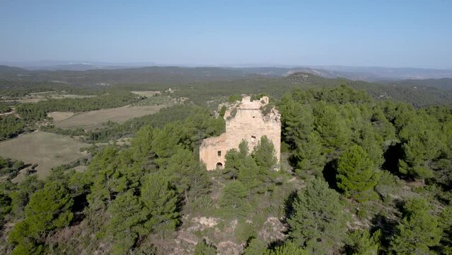 Slow orbital drone view over the ruins of Santa Barbara Hermitage among pine trees on top of the hill in Monroyo, Teruel Region, Spain