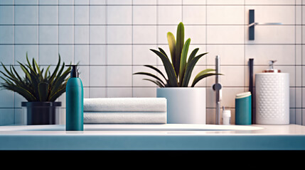 A modern-style bathroom adorned with products and plants.