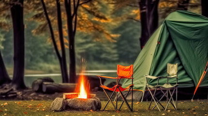 A picturesque bonfire, flames dancing atop burning firewood, set beside chairs and a camping tent in the forest. Campfire beside chairs and a tent.