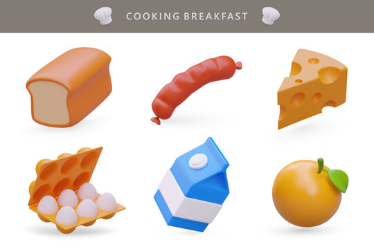 3d realistic different products. Cooking breakfast with meat, cheese and eggs. Healthy breakfast with toast and fruit, balanced food. Vector illustration