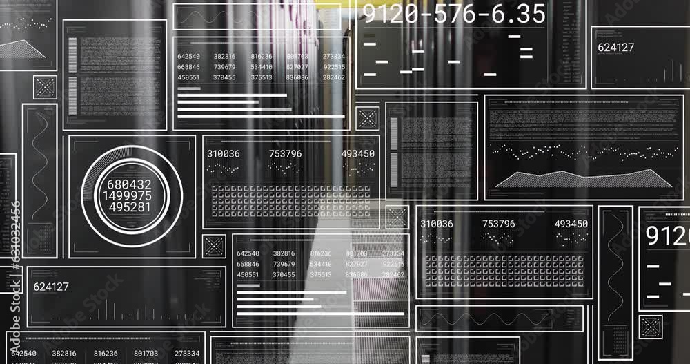 Poster Animation of hud screens with graphs, shapes and numbers over data server racks