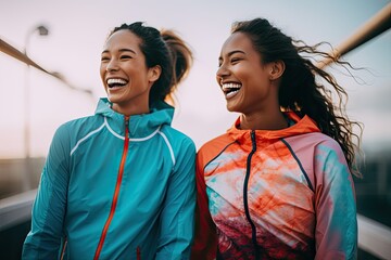 Living a fitness lifestyle: Happy female athletes wearing sports clothing and are showing motivation - Generative AI