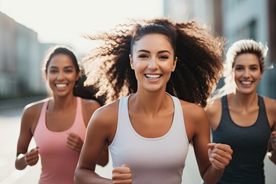Living a fitness lifestyle: Happy female athletes wearing sports clothing and are showing motivation - Generative AI
