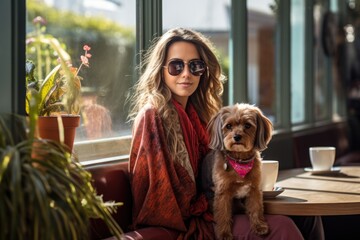Young caucasian woman sitting with dog in pets friendly cafe