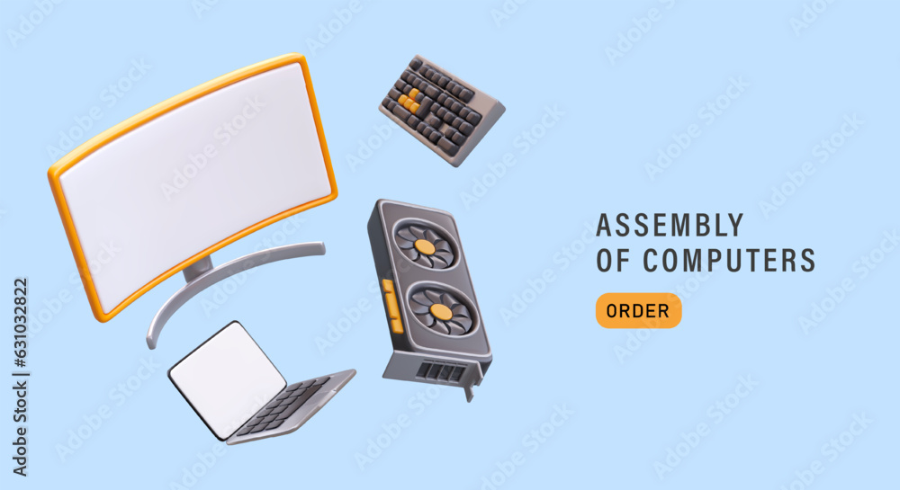 Poster service of assembling computers, laptops. update of equipment. advertising banner with floating obje
