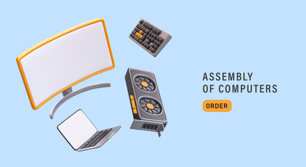 Service of assembling computers, laptops. Update of equipment. Advertising banner with floating objects, order button. Template in cartoon style. Assistant help. Consulting services