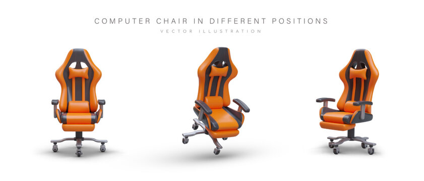 Realistic computer chair in different positions. Gaming chair with headrest, armrests, wheels. Modern ergonomic furniture. Set of vector images with shadows. Isolated objects on white background