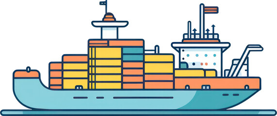 Flat design icon of a cargo ship with a transparent background. Generative AI.