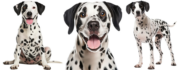 happy dalmatian dog collection (portrait, sitting, standing) isolated on a white background as transparent PNG, animal bundle