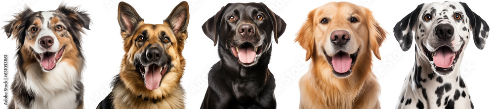 Wall mural Bundle of five portraits of happy dogs, australian shepherd, german shepherd, labrador, golden retriever, dalmation, animal collection isolated on a white background as transparent PNG