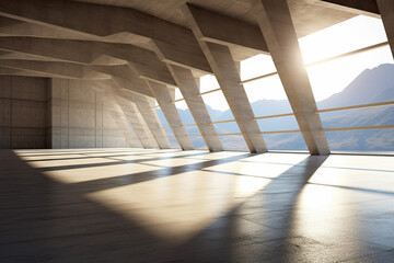 architecture empty room with window and mountain background with sunlight - obrazy, fototapety, plakaty
