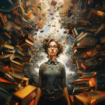 Woman surrounded by books, creative mind, exploding brain full of ideas and imagination, education concept, generative AI