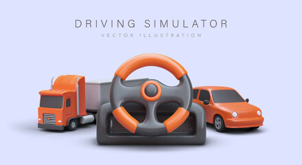 Driving simulation. Game computer steering wheel, truck, car. Learning to drive on simulator. Virtual races. Preparation for testing. Color vector poster with 3D illustration
