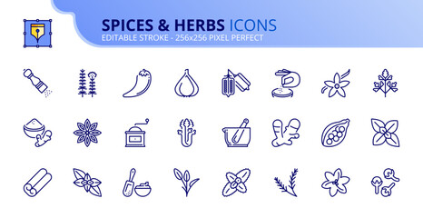Simple set of outline icons about spices and herbs - obrazy, fototapety, plakaty