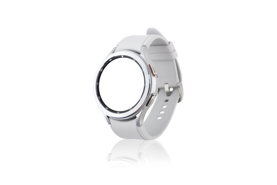 Rostov-on-Don, Russia - January 2022. Galaxy Watch 4 Classic on a white background. Smart watch from Samsung close-up on a white background.