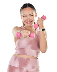 Fitness, dumbbell exercise and portrait of a woman for weight loss and wellness. Happy person smile...