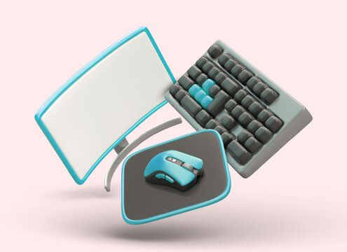 Realistic computer equipment. 3D curved monitor, keyboard, mouse with pad. Personal set of user. Color vector composition. Programmer accessories. Office equipment