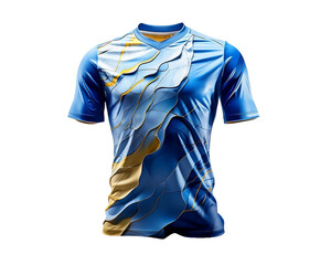 Mock up blue jersey with white and gold splash pattern and chest shape, isolated for object and retouch design on transparent background. Generative AI.