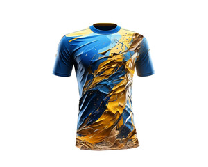 Mock up blue jersey with white and gold splash pattern and chest shape, isolated for object and retouch design on transparent background. Generative AI.
