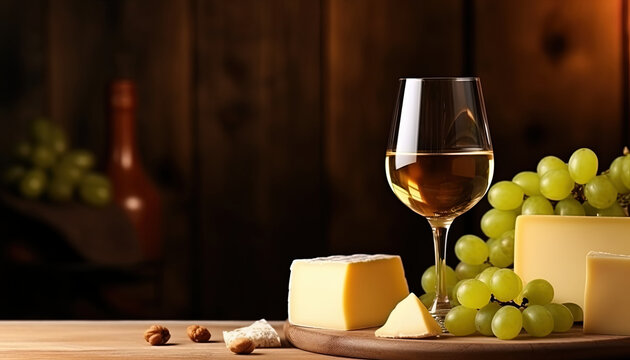 Close up with glass of white wine and pieces of fresh cheese on a wooden tray