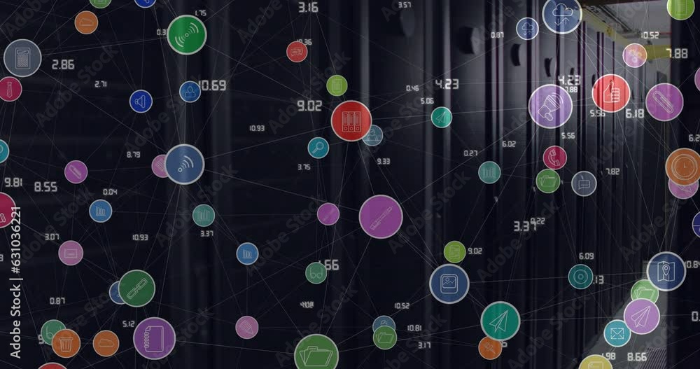 Poster animation of connected mobile application and numbers over data server room