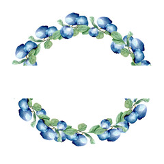 Wildberries wreath. Watercolor blueberries illustration , ready for logo design with flat for text. Berries wreath