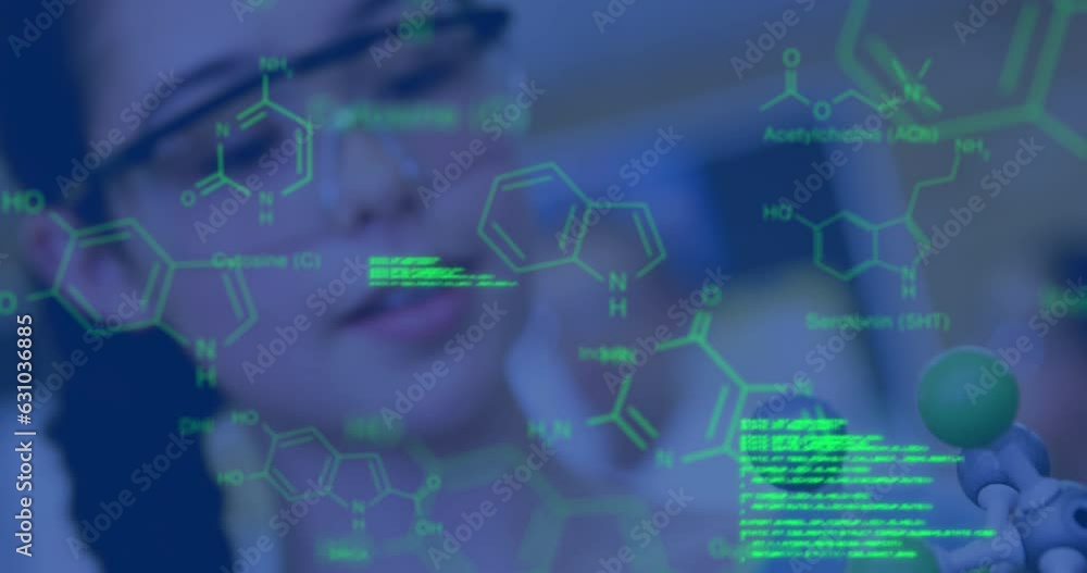 Poster animation of molecular structure and computer language and caucasian scientist with molecule model