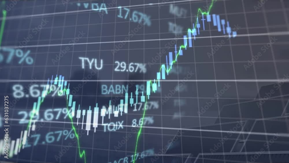 Aufkleber animation of graphs with changing numbers, trading board and solar panels over abstract background