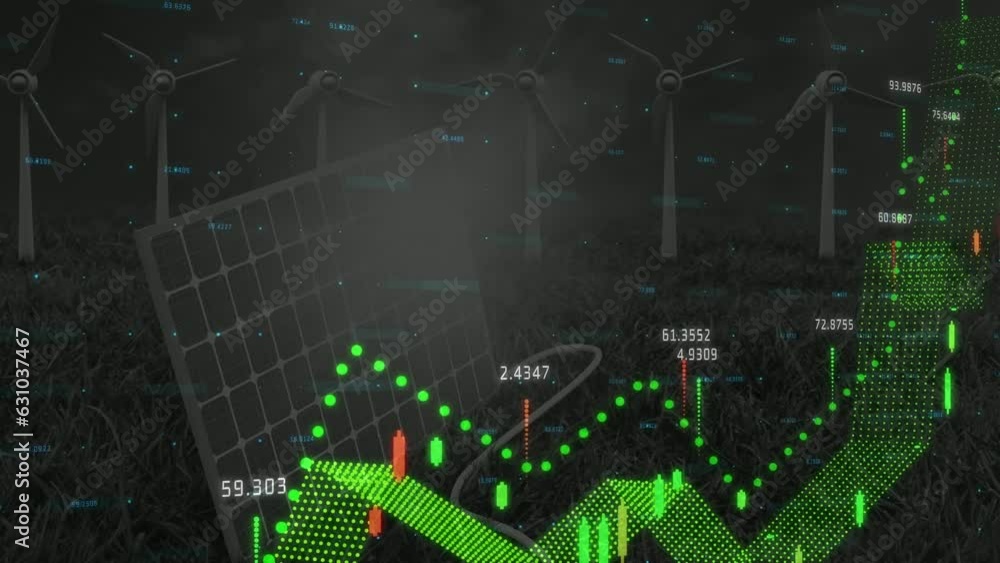 Poster animation of multiple graphs with changing numbers over solar panels and windmills on green field