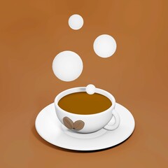 3d hot cup of coffee on plate, brown background There is a circle of smoke.