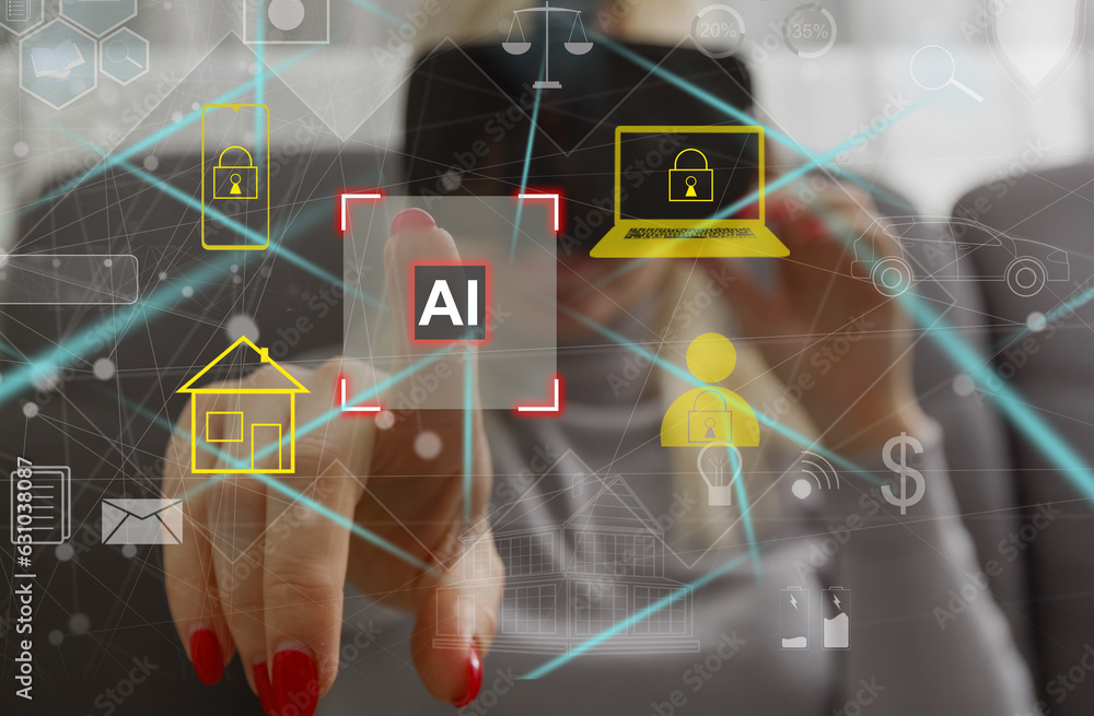 Poster technology and people concept man use ai to help work, ai learning and artificial intelligence conce