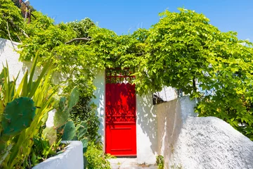 Poster House with red door and green plants. Plaka district, Athens, Greece. © smallredgirl